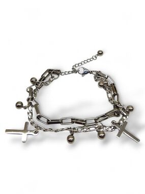 Silver Cross Charm Layered Bracelet - Women Jewelry